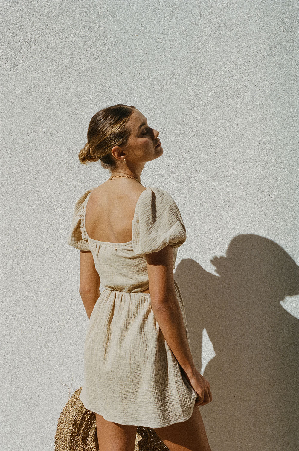 Exclusive Beige Natural Textured Cotton Amara Dress with Short Puff Sleeves