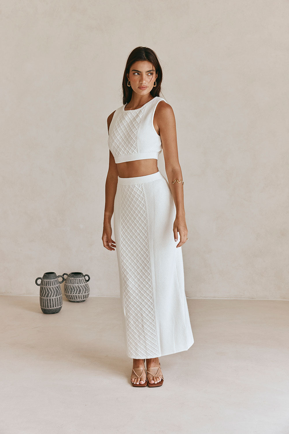 Women's Cable Knit Off-White Lotus Style High Waisted Skirt