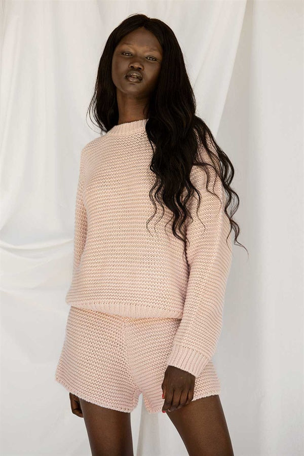 Pink Chunky Knit Noelle Shorts - A Fashionable Women's Bottom Wear