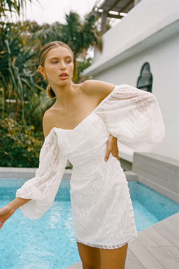 Exclusive Off-White Animal Burnout Fabric Favela Drape Women's Dress