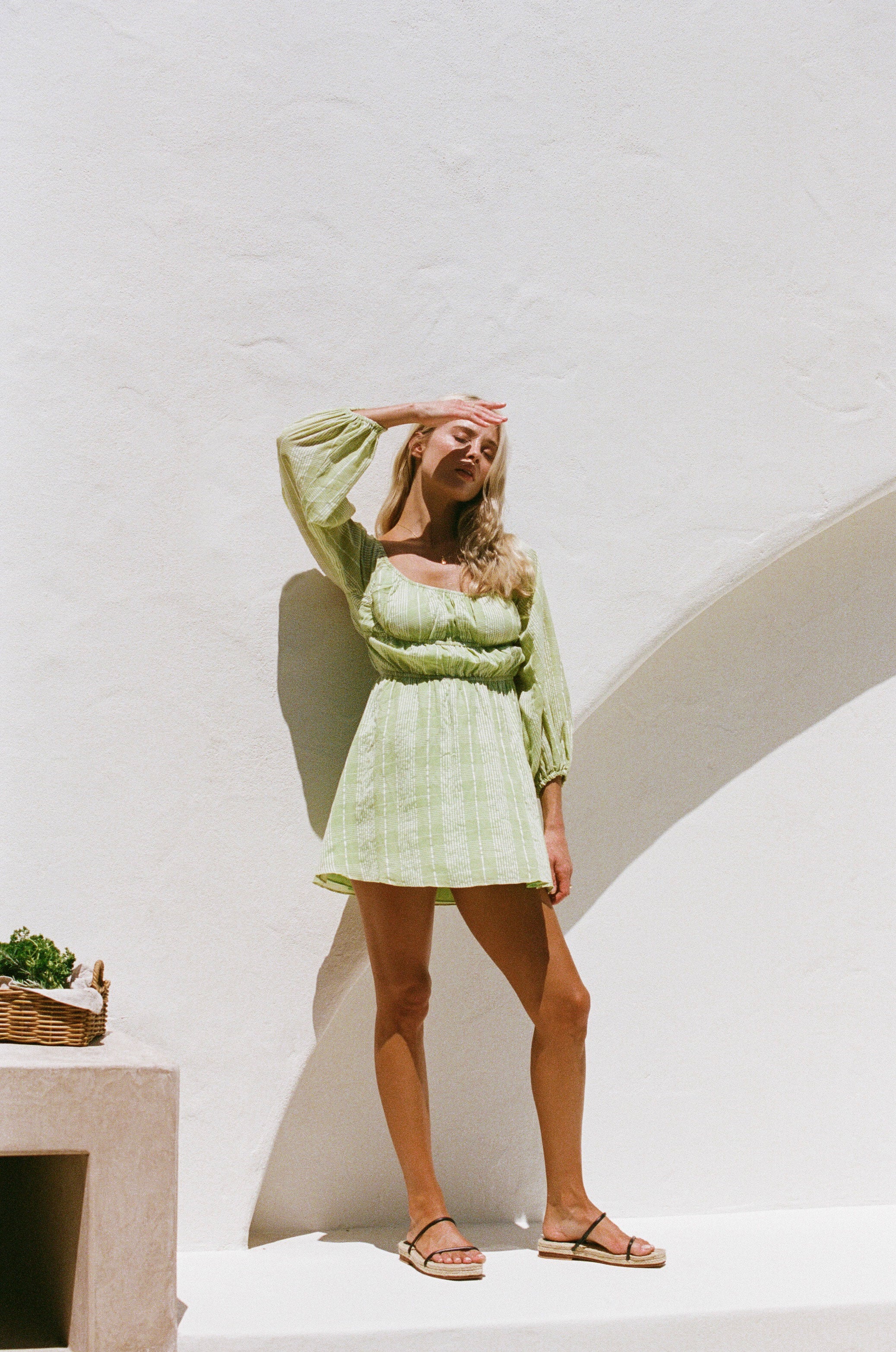 Sabo's Exclusive Lightweight Green White Plaid Off Shoulder Puff Sleeve Dress