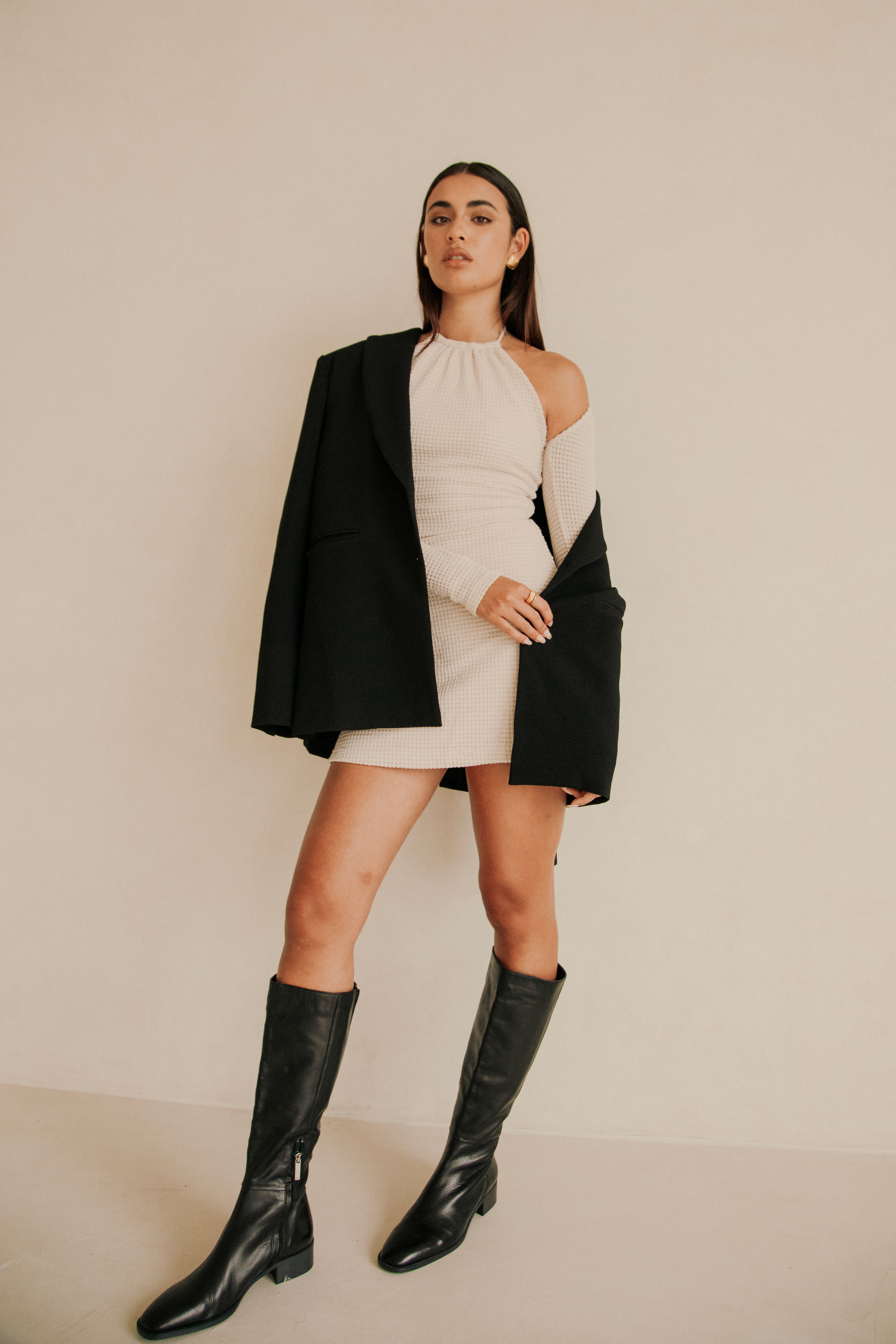 Beige Textured Waffle Fabric 90's Inspired Mahnee Flared Mini Dress