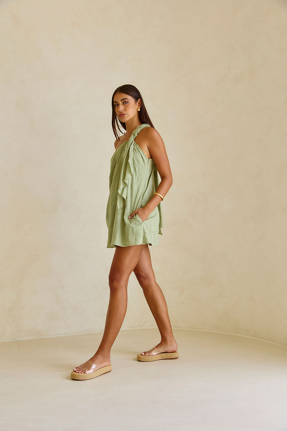 Soft Green Natural Cotton Grazia Plait - Strapped Mini Dress