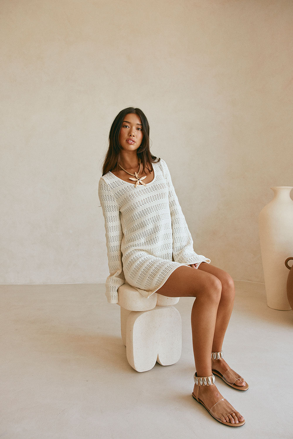 Exclusive Sabo Designed Beige High - Quality Crochet Knit Alaska Summer Dress