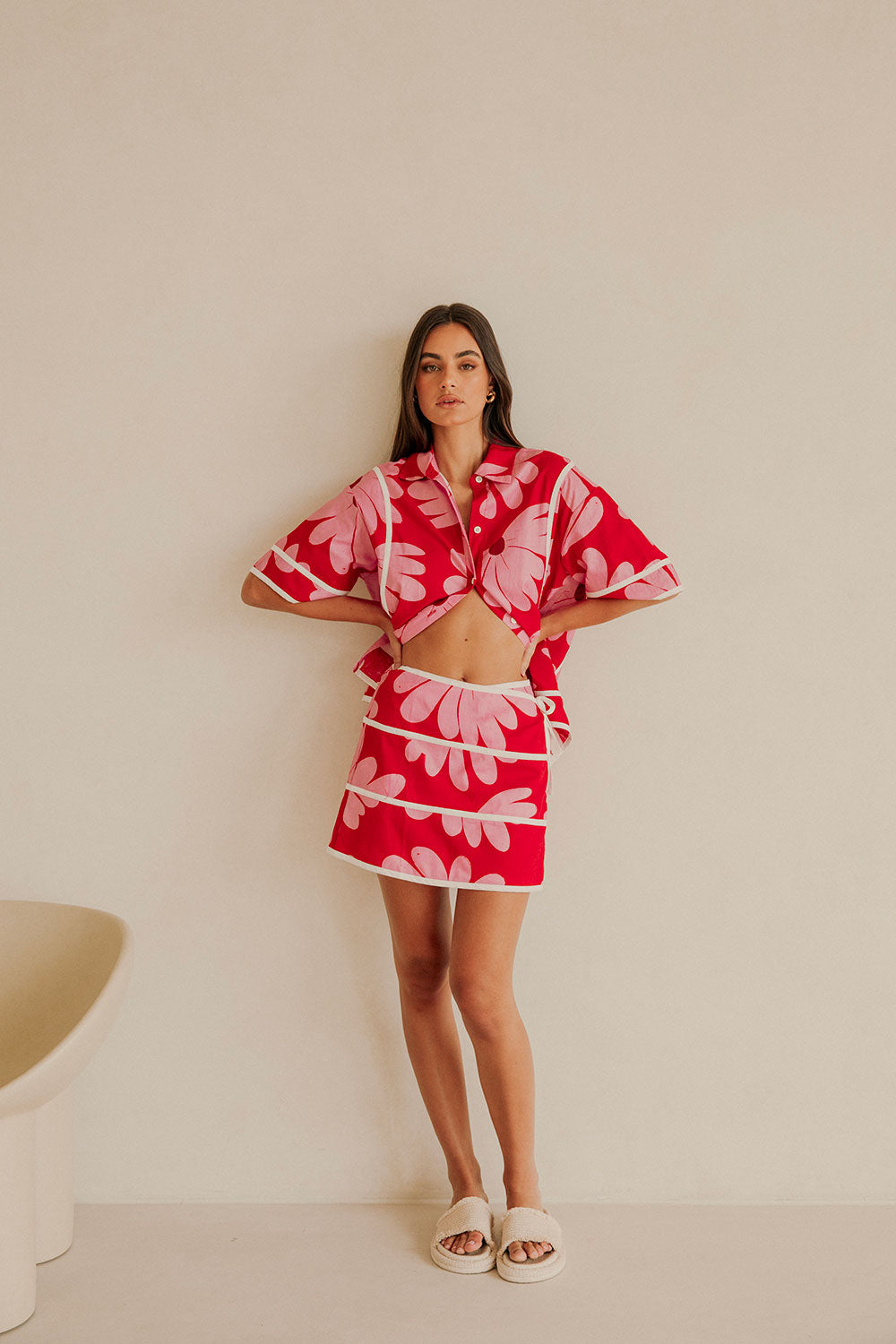 Summer Daisy Red Print High - Waisted Wrap Bowie Skirt for Women