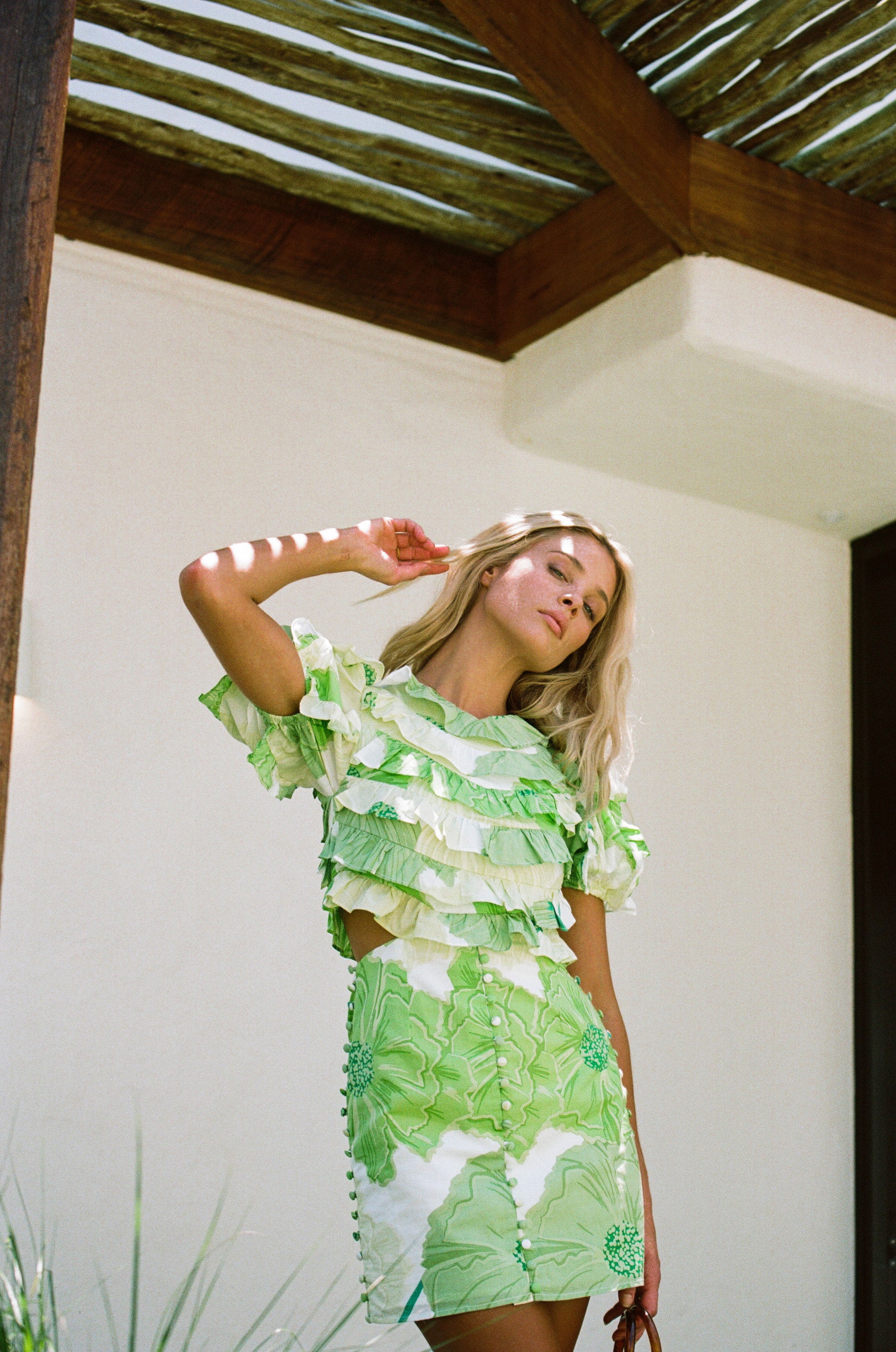 Exquisite Natural Cotton Voile Pierre Frill Dress with Moss Lily Print