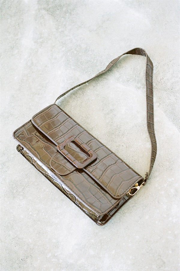 Stylish Brown Vegan Croc Skin Kumi Handbag with Buckle Flap