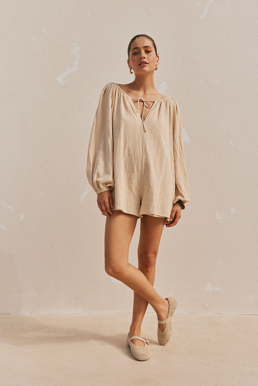 Tan High - Quality Natural Cotton Jasmin Playsuit with Unique Back Detail