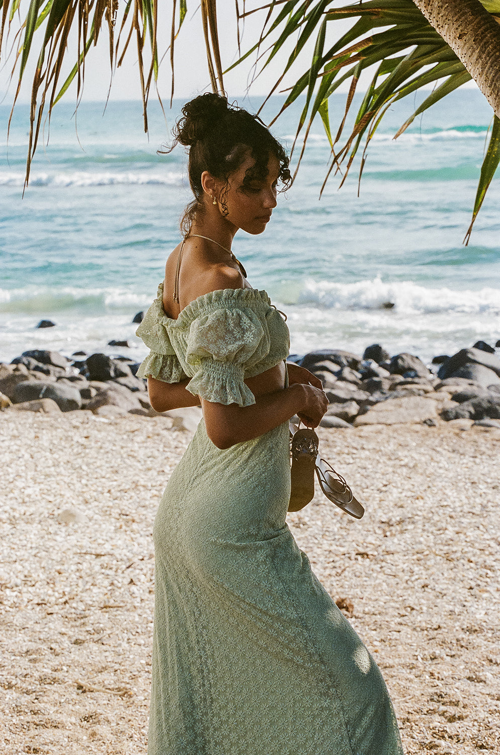 Mint Hue Soft Lace Off Shoulder Frill Detailing Midi Amelda Dress