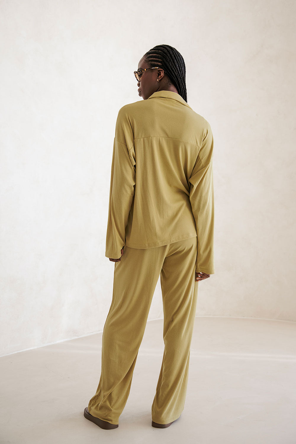 Soft Jersey Dusty Green High Waisted Orla Pants for Easy Wear