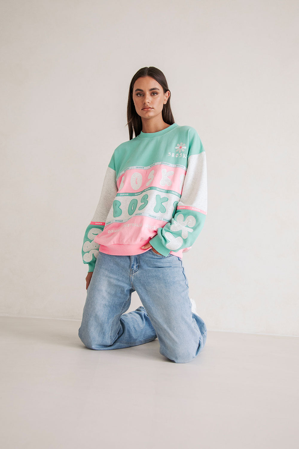 Exclusive Sabo-Designed Oversized Vintage Swisse Sweater in Marl Grey, Green & Pink