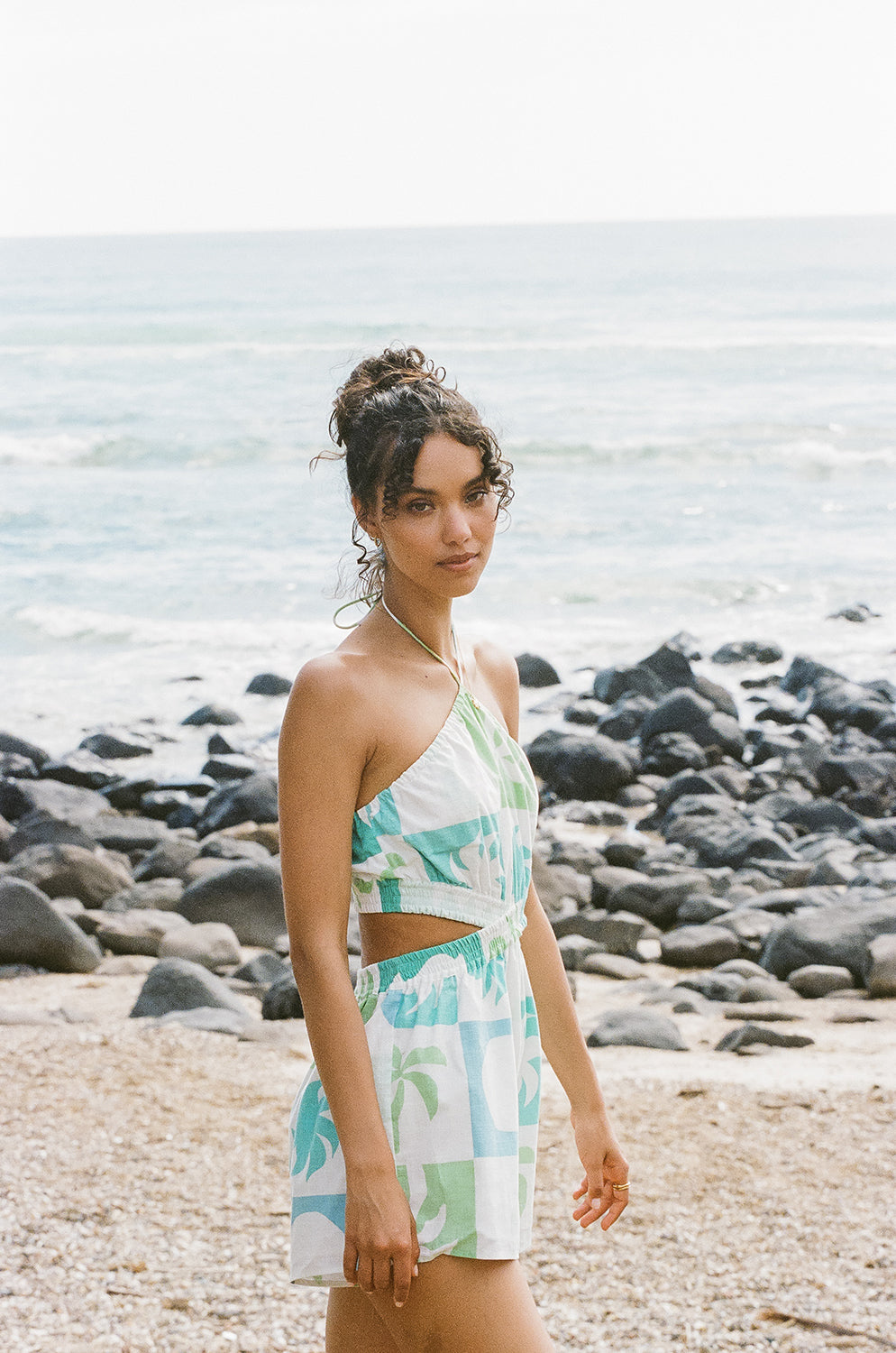 Women's Exclusive Palm Tile Breeze Print Madeira Playsuit for Fashionable Outfits