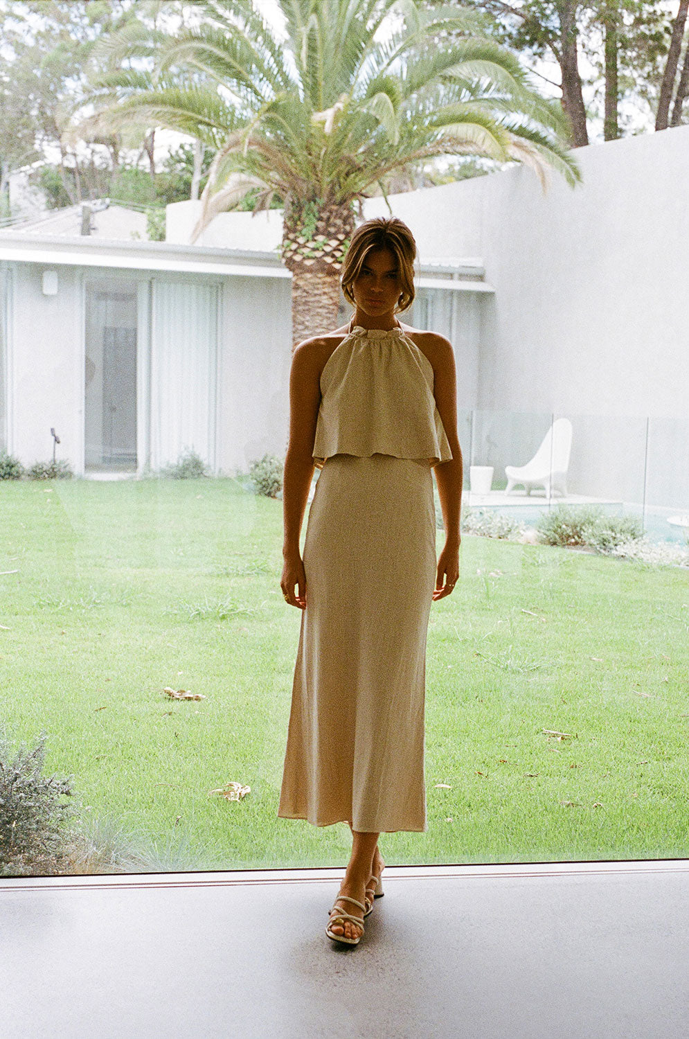 Exclusively Designed Sabo Averie Beige Linen Blend Midi Skirt with A-Line Hem
