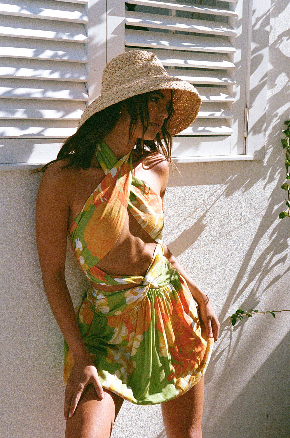 Exclusive Floral Sunset Printed Amina Halter Neck Mini Dress for Vacation