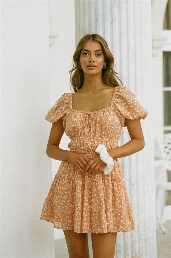 Orange Natural Raw Cotton Talina Dress with Short Puff Sleeves