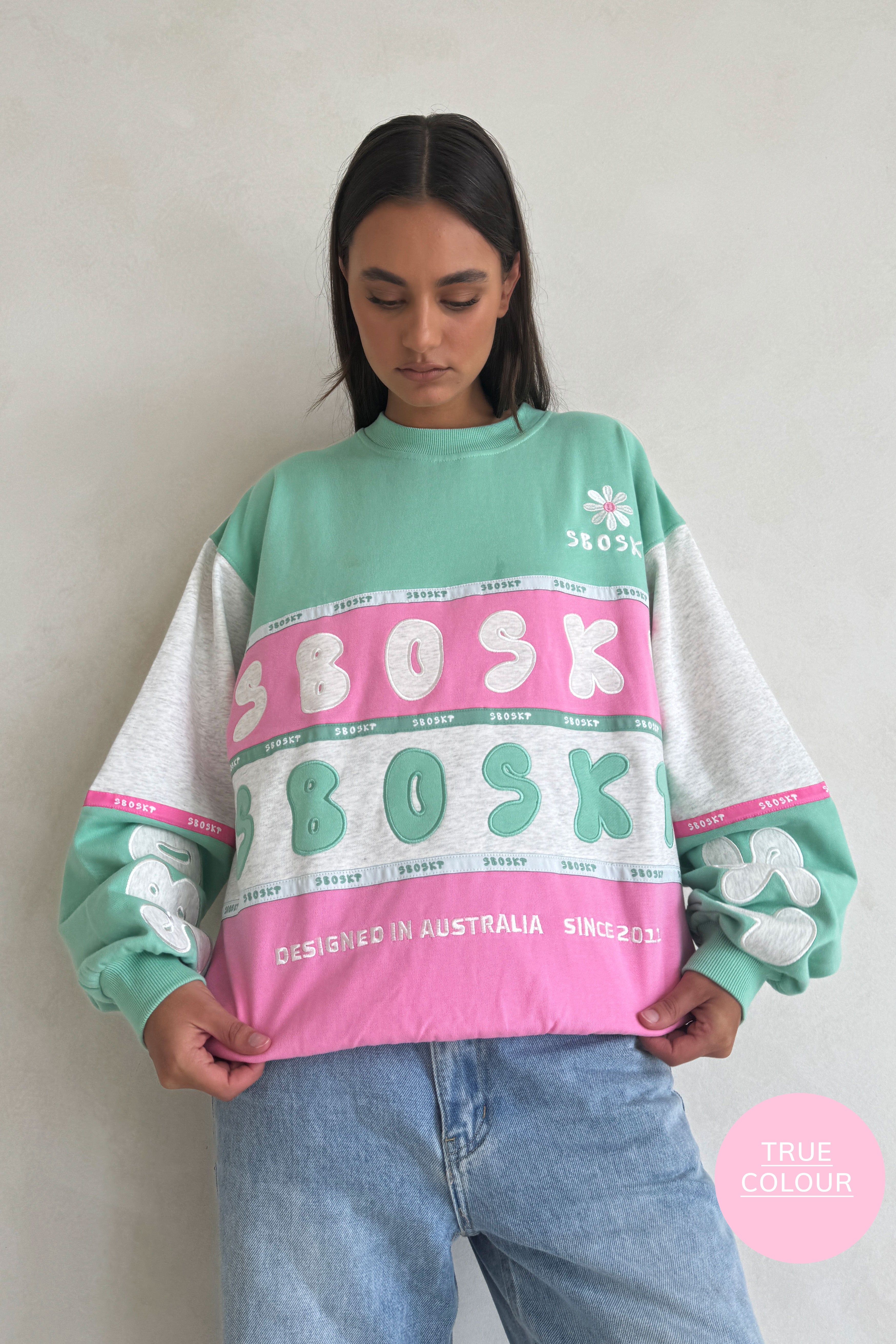 Exclusive Sabo-Designed Oversized Vintage Swisse Sweater in Marl Grey, Green & Pink