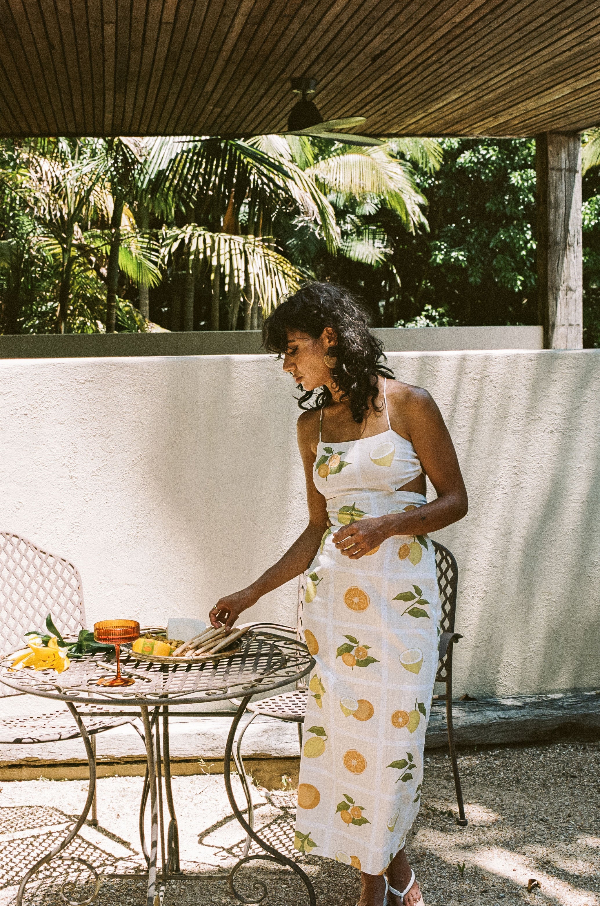 Exclusive Cream-Hued Arion Midi Dress with Citrus Print and White Checks