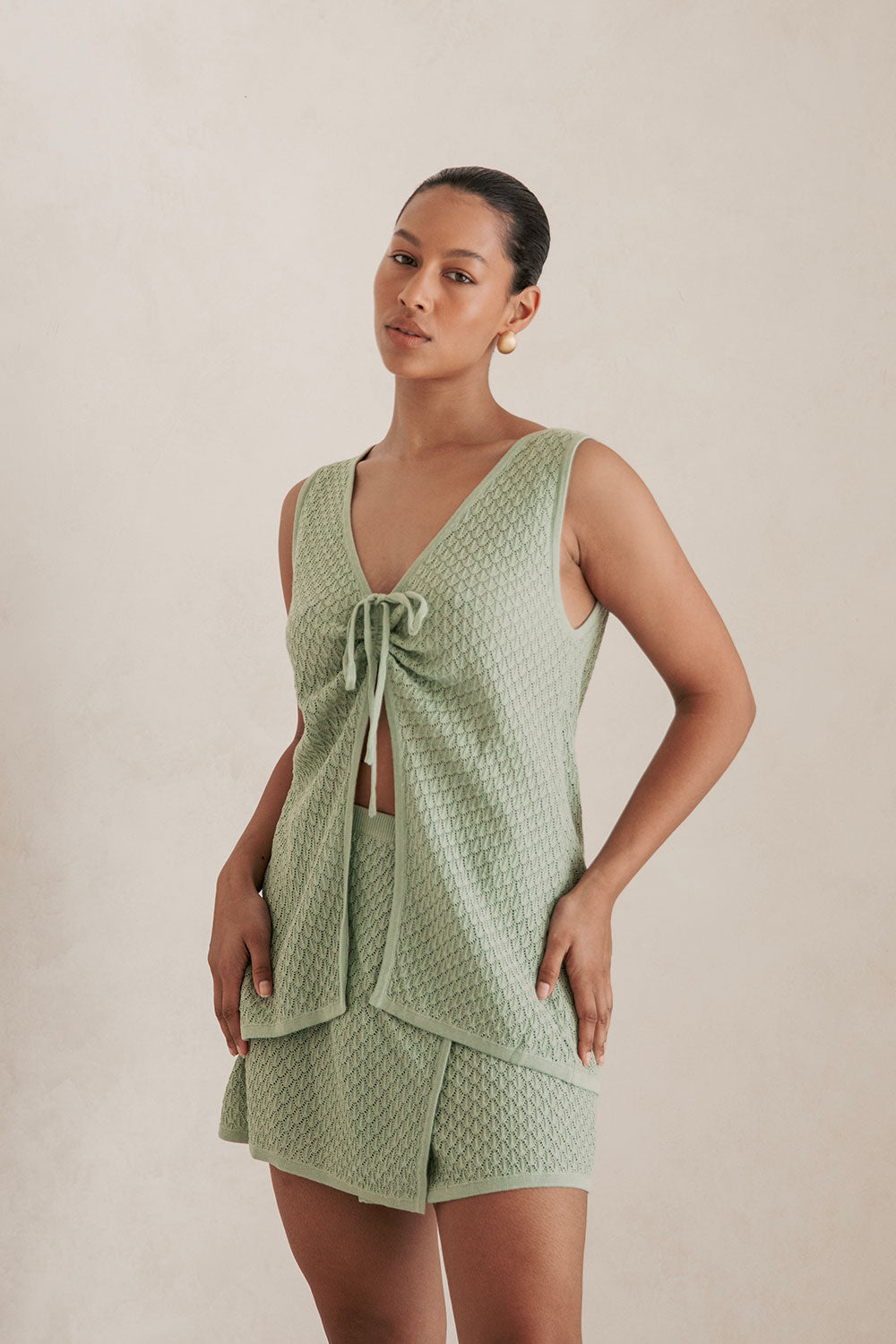 Stylish Sage Cotton Blend Pointelle Knit Allona Women's Top