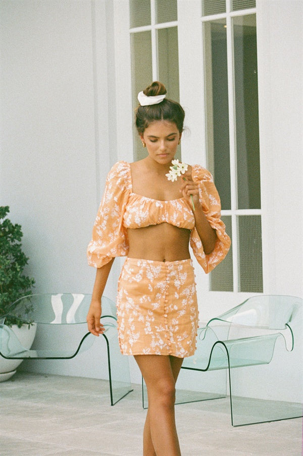 Sabo-Designed Orange Speckled Floral Print Jazmin Bandeau Summer Party Top