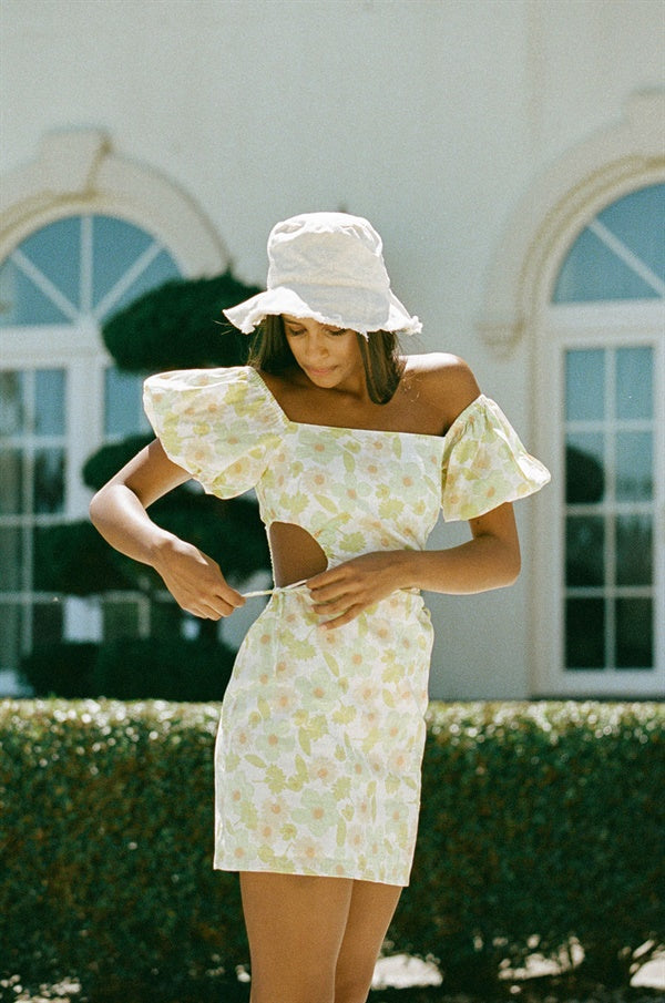 Exclusive Citrus Floral Print Zola Linen-Cotton Blend Dress with Cutouts