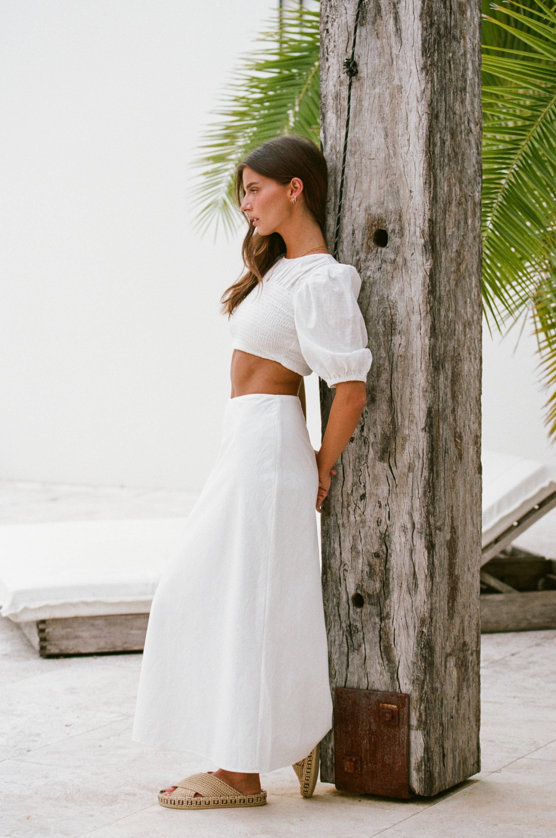 Sabo's Exclusive White Cotton Slub Cropped Shirred Jayde Top