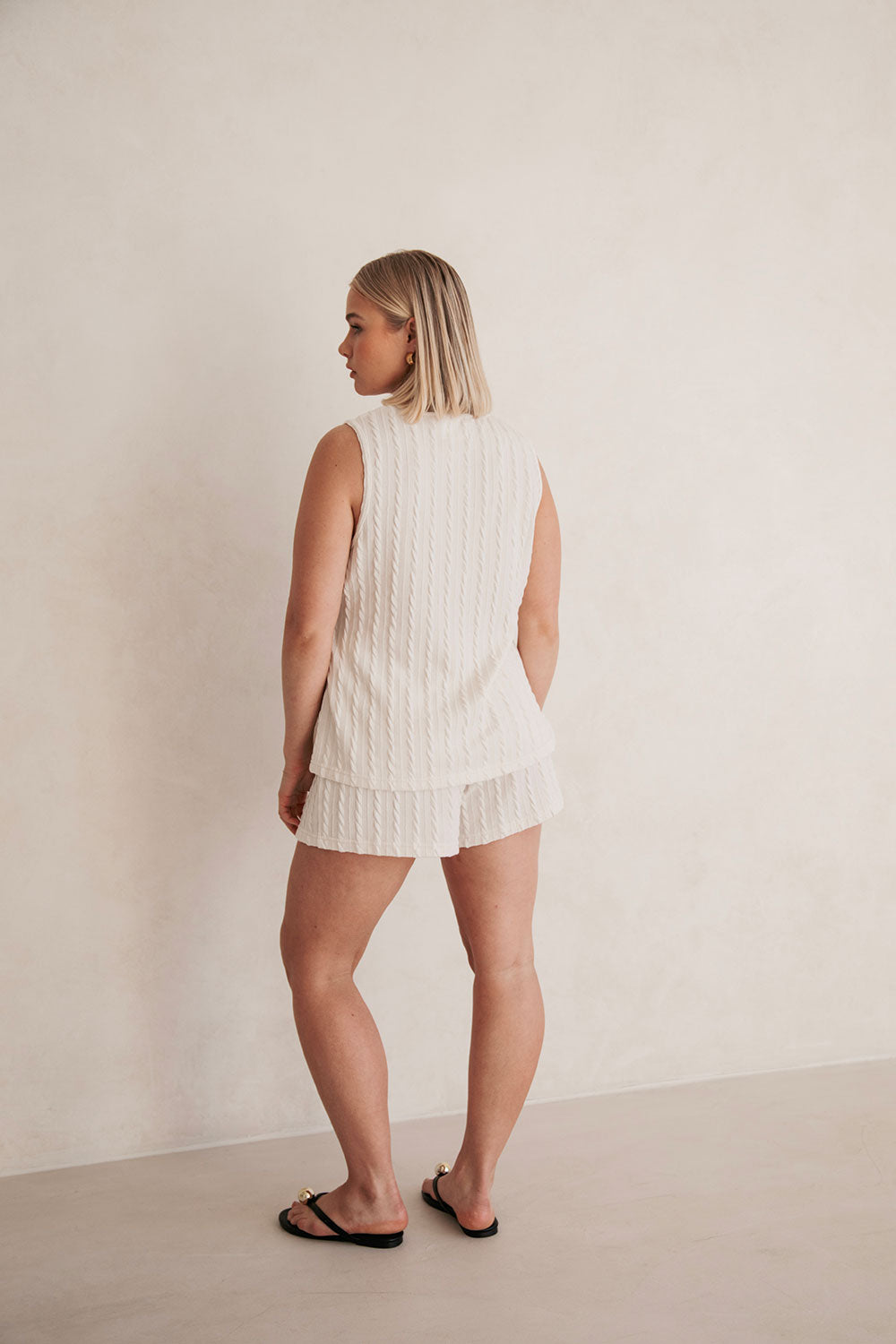 Exclusively Designed Sabo High-Waist Adjustable-Tie Cream Textured Jojo Shorts