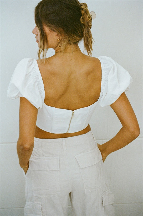 Exclusively Designed Off-White Natural Cotton Linen Blend Rumi Puff Top