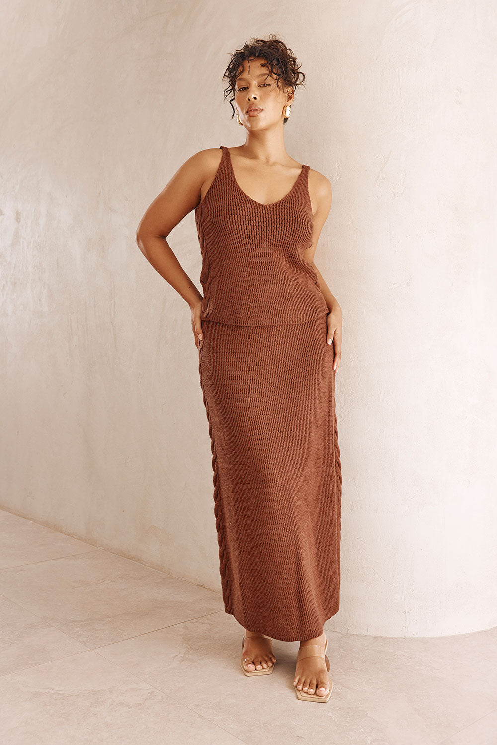Chocolate Brown Light Knit Ellarose A-Line Maxi Skirt