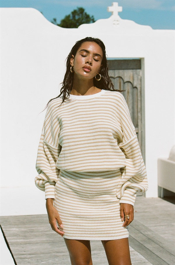 Stylish Cream-Hued Ribbed Kalia Dress with Tan Stripes