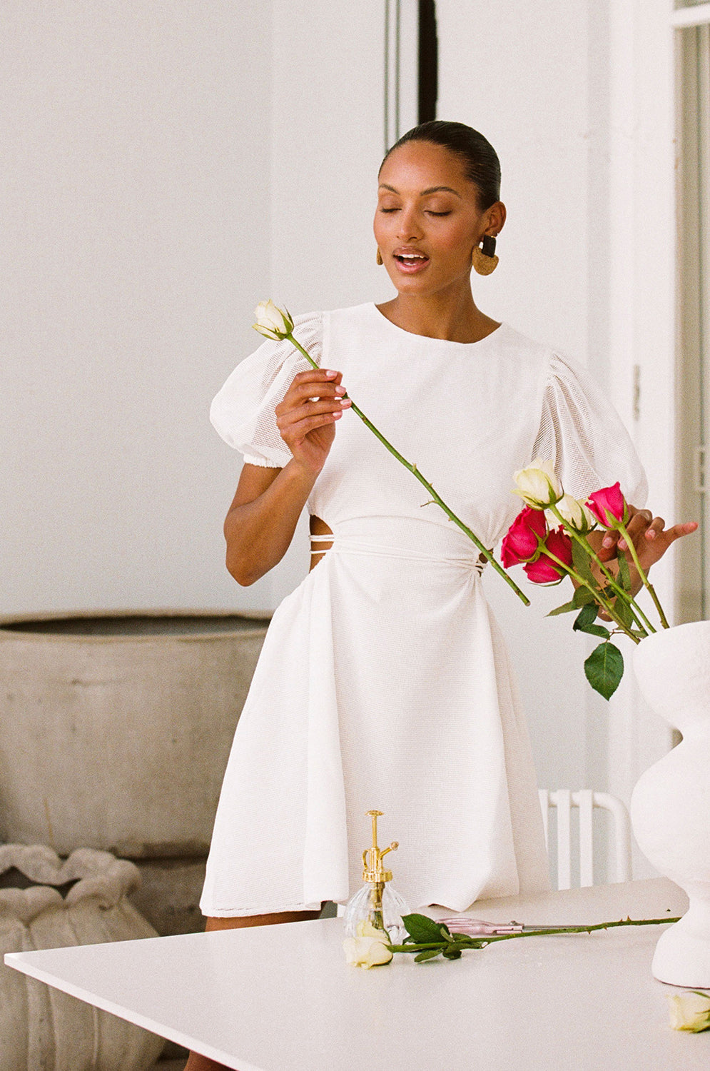 Exclusively Designed Anabelle White Knit Mesh Cutout Mini Dress for Women