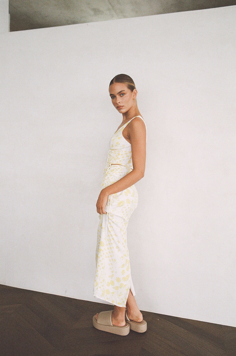 Exclusive Sabo-Designed Joslin Floral Patchwork Print High Waisted Midi Skirt