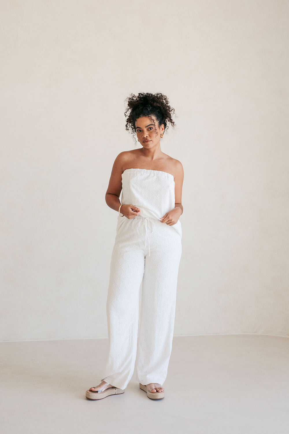 Unique White Ellira Pants with Yellow Elastic Waist