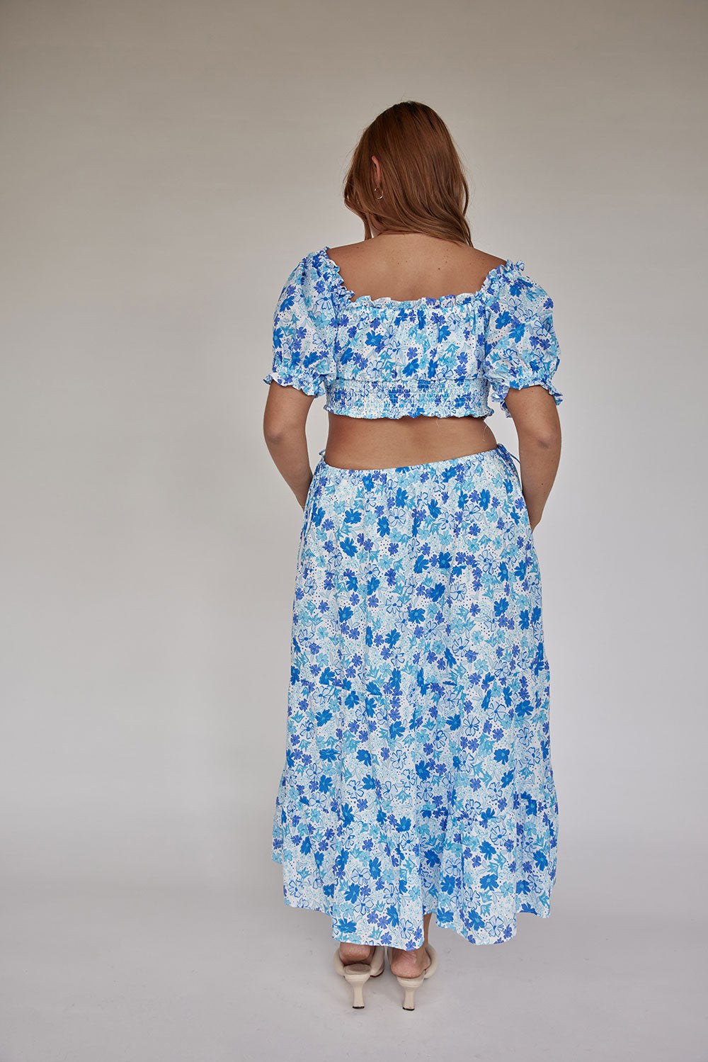 Exclusive Blue Dusk Floral Print Zara High - Quality Cotton Midi Dress