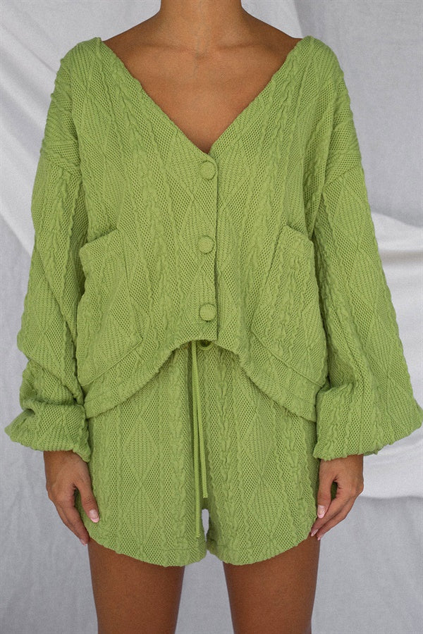 Soft Green Cable Design Ellis Shorts - High Waisted and Cosy