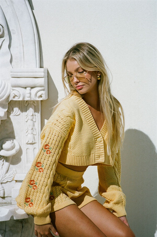 Stylish Yellow Soft Cotton Blend Cropped Knit Cardigan by Sabo