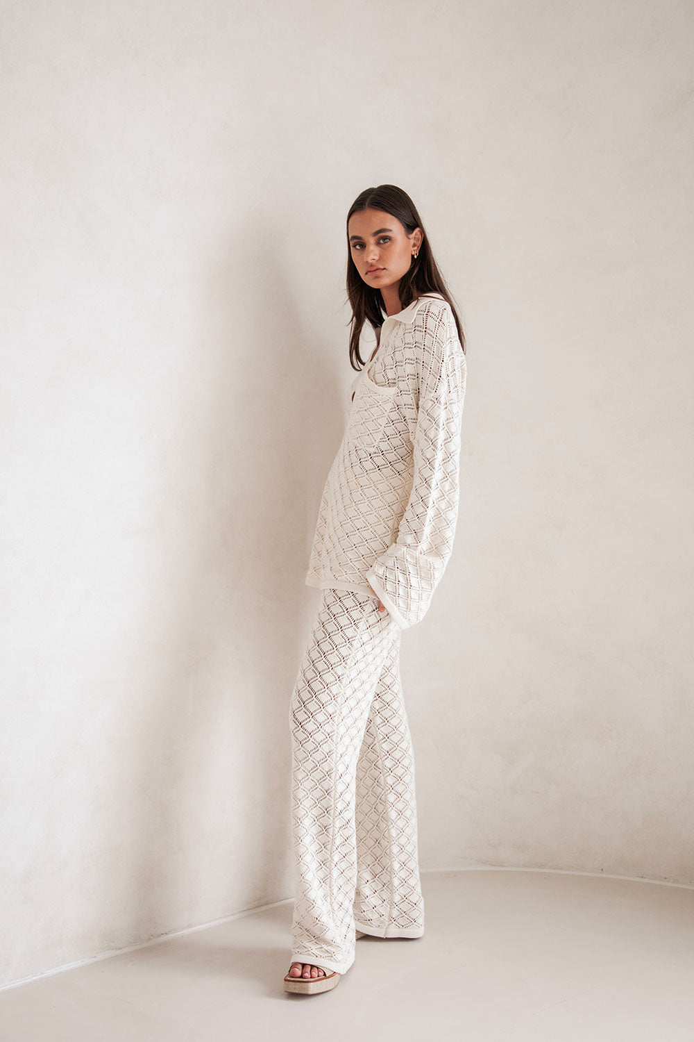Sabo's Exclusively Designed Cosy Light Cream Jaimie Cotton Pointelle Knit Top
