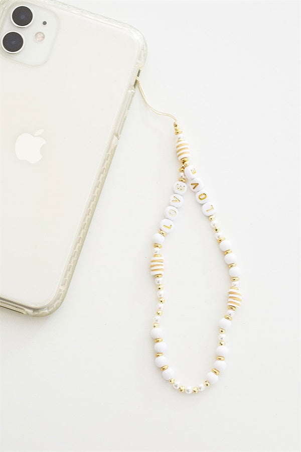Stylish White and Gold Beaded Accessory for Phone - Beaded Phone Charm