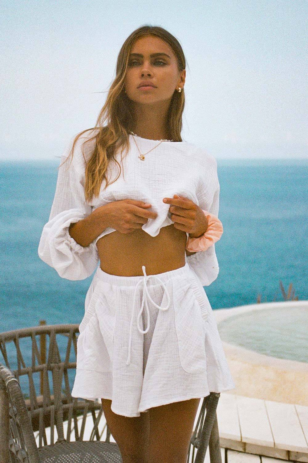 Sabo's Exclusive White Lightweight Textured Cotton Cropped Jada Top