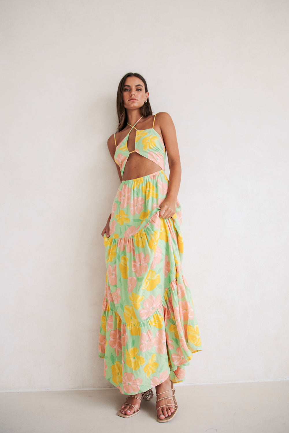 High - Quality Viscose Linen Blend Addis Dress with Rose Fill Print in Green