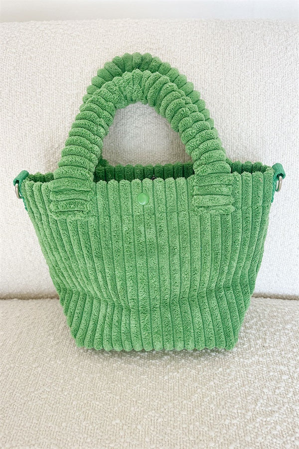 Adorable Green Minky Cord Fabric Handbag with Detachable Crossbody Strap