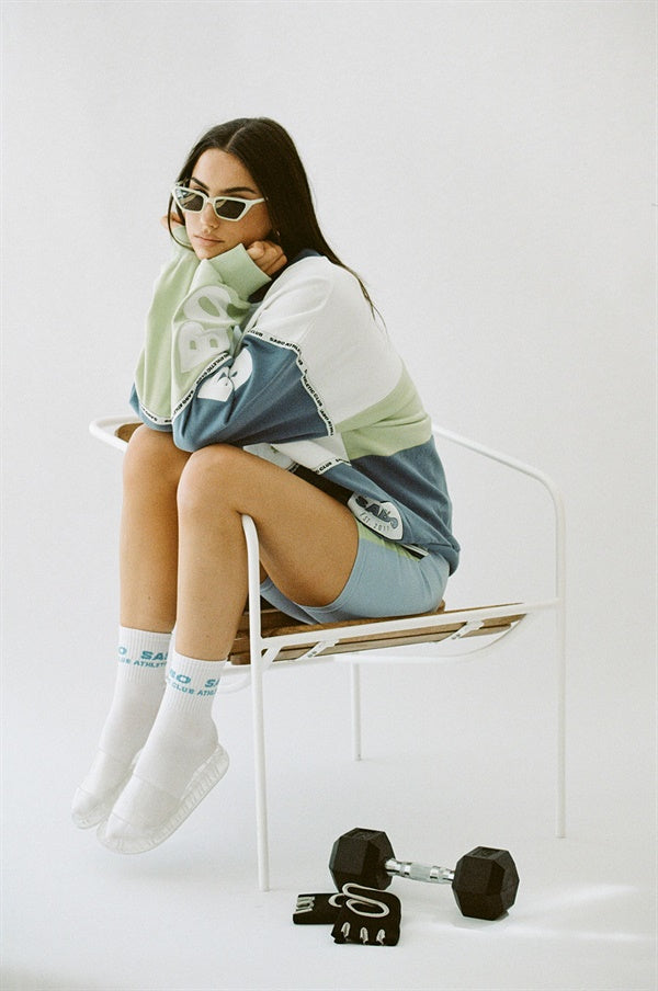Vintage-Inspired Oversized Imani Sweater in White, Dusty Blue and Green