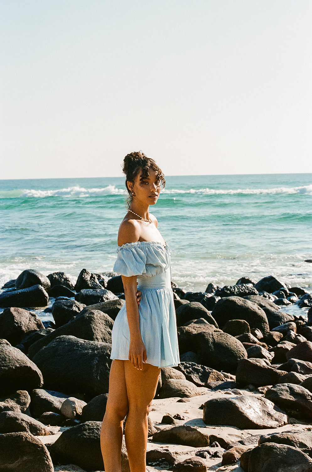 Blue Nyrobi Off - Shoulder Dress with Puff Sleeves and Corset Waist