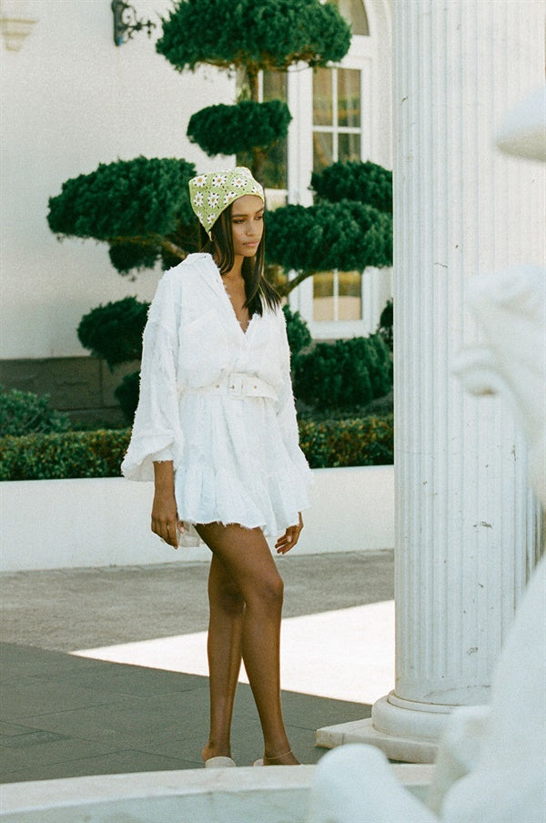 Stylish White Jacquard Belted Lota Dress with Puff Sleeves and Frill Hem