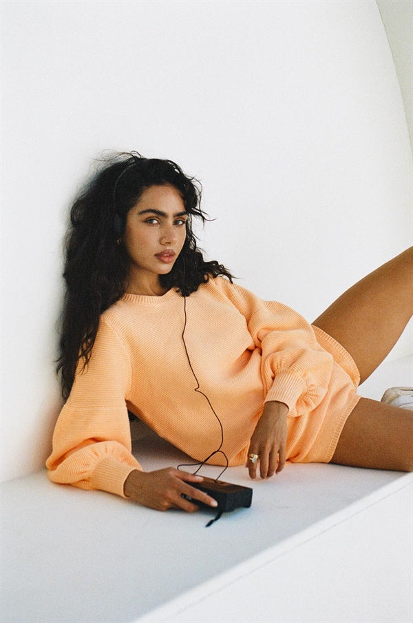 Comfortable Orange-Hued Natural Knitted Cotton Peach Knit Women's Top