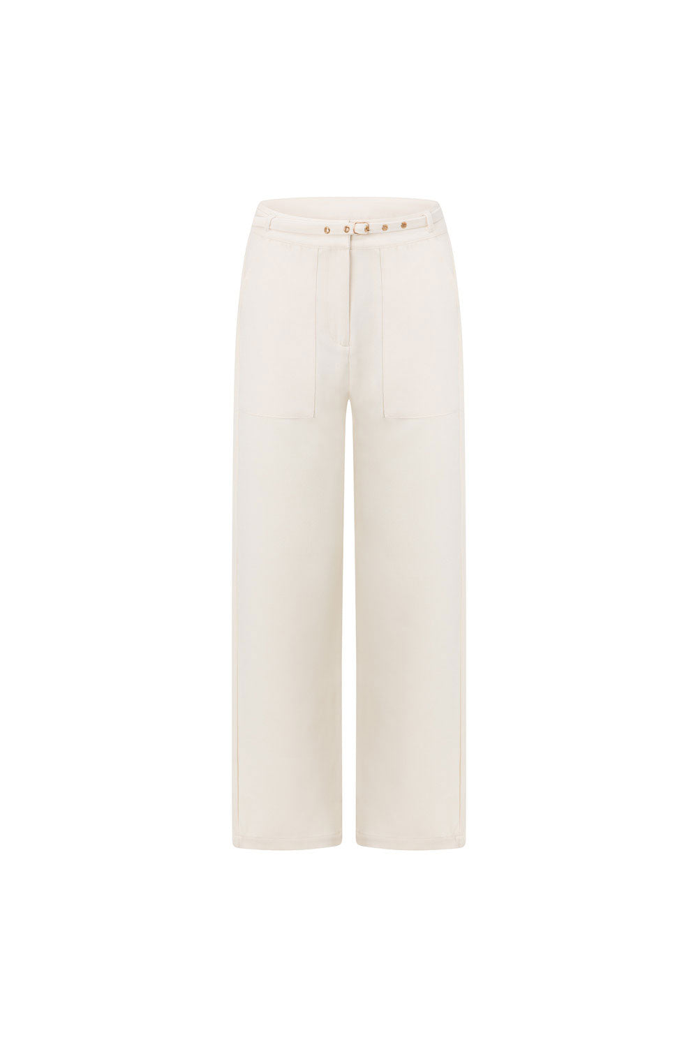Elegant Cream - Colored Aila High - Waisted Suiting Pants with Gold - Toned Belt