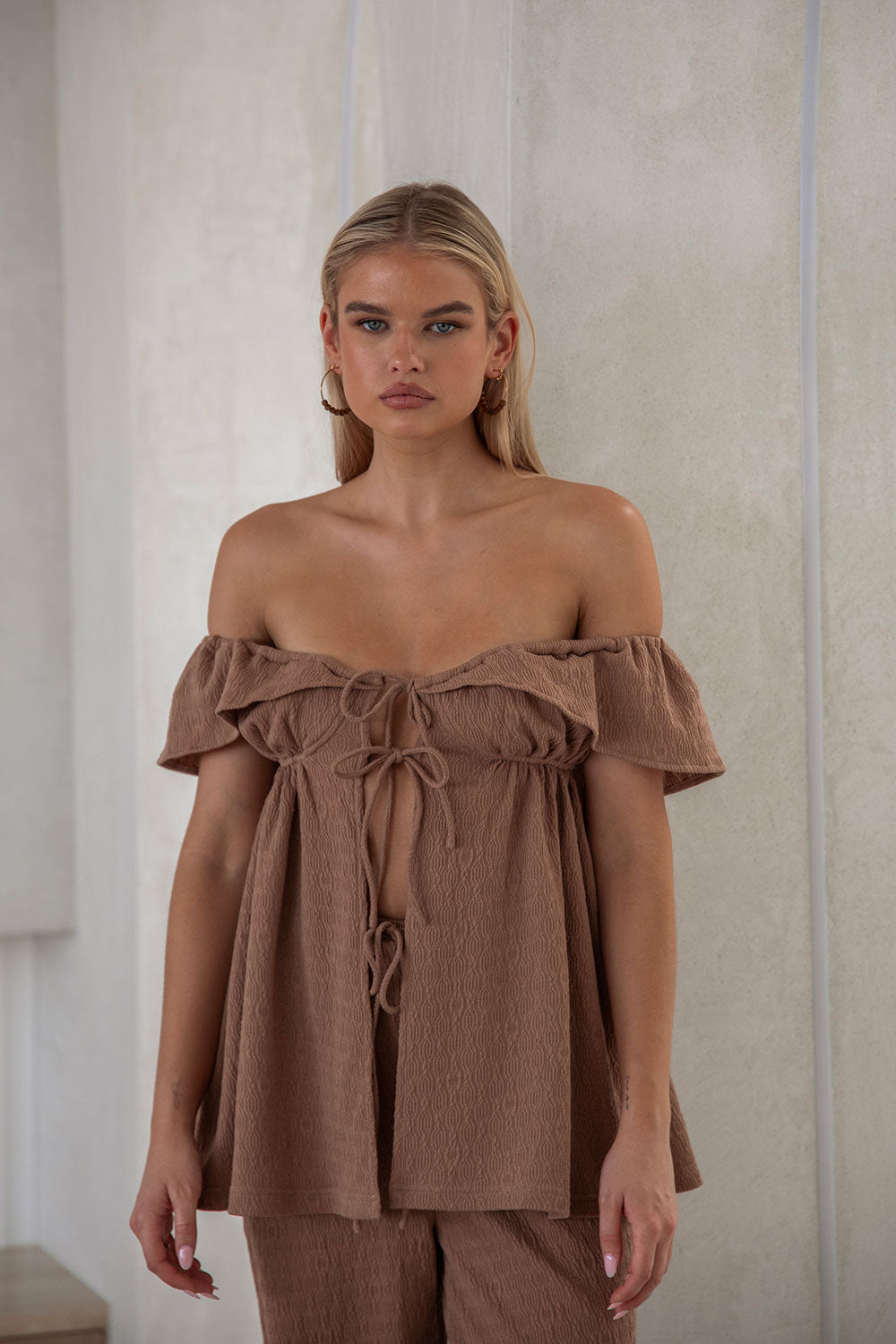 Chocolate Colored Crinkle Fabric Off - Shoulder Kala Top for Sunset Dinner