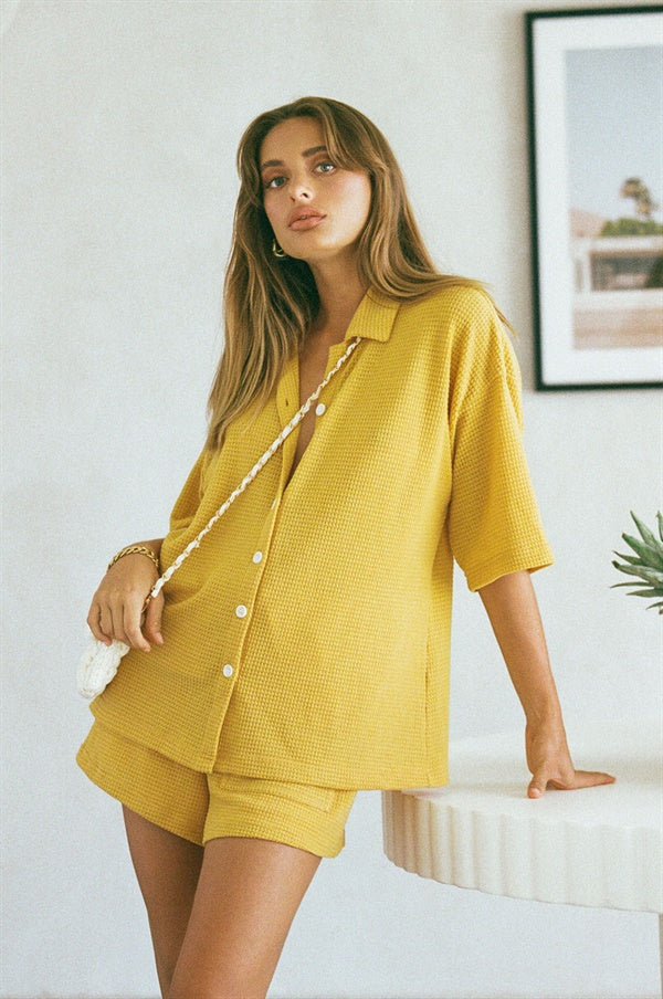 Mustard Soft Waffle Fabric Kase Top for Sunkissed Vacation