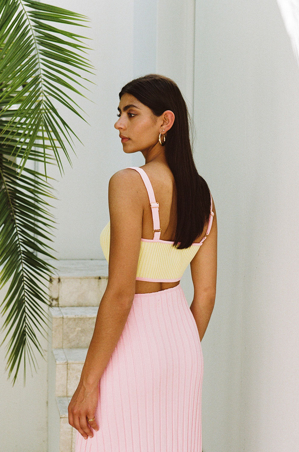 Jordi Women's Cropped Ribbed Yellow Top with Pink Bind Trims and Adjustable Straps