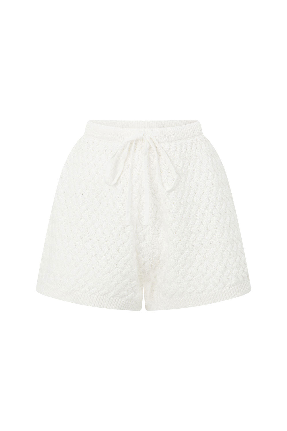 Exclusive Sabo Designed Off-White Natural Cotton Basket Knit Winslet High-Waisted Drawstring Shorts