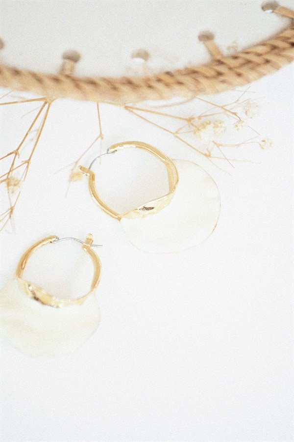 Stylish Gold - Toned Morea Hoop Earrings with Cream Plate Detailing